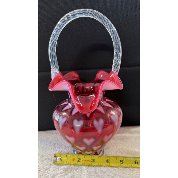 Fenton Cranberry Opalescent Heart Optic Basket - Picture 6 of 7